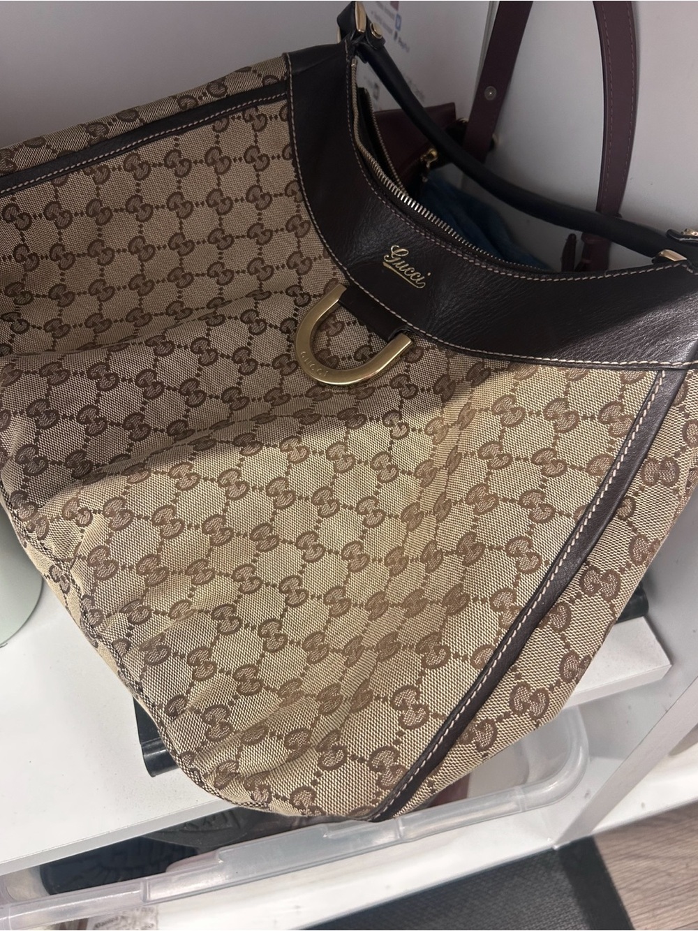 Gucci Beige Brown GG Canvas Hobo Tote with Gold Hardware